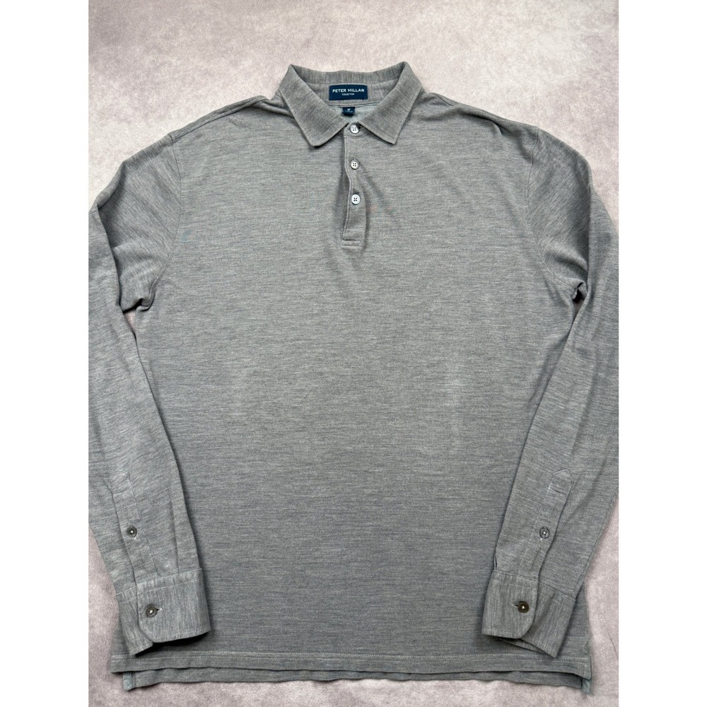 Peter Millar Collection Mens M Gray Silk Cotton Long Sleeve Polo Shirt Luxury